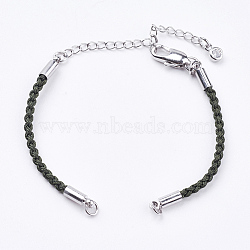Braided Cotton Cord Bracelet Making, with Brass Lobster Claw Clasps and Extender Chains, with Rhinestone, Platinum, Dark Olive Green, 5-3/8 inch~5-1/2 inch(13.5~14cm), 3mm, Hole: 2mm(MAK-I006-16P)