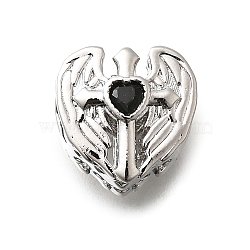 Brass & Glass Beads, Real Platinum Plated, Heart, Black, 12x12x9mm, Hole: 4.5mm(KK-M318-47P-01)