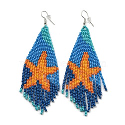 Boho Summper Beach Seed Bead Sea Animal Tassel Earrings, Iron Dangle Earring for Women, Colorful, Starfish, 108x35mm(EJEW-Q380-02A)