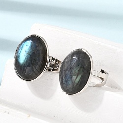 Adjustable Brass Cuff Open Rings for Women, Oval, with Natural Labradorite, Platinum, 19mm(GG-CBA7610-09P)
