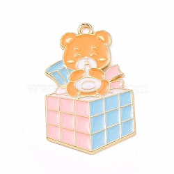 Alloy Enamel Pendants, Magic Cube with Bear Charm, Pink, 33x21x1.5mm, Hole: 2mm(ENAM-M055-02G-02)