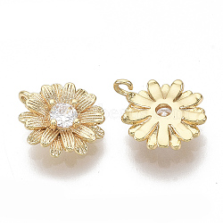 Brass Cubic Zirconia Charms, Nickel Free, Flower, Clear, Real 18K Gold Plated, 11x9x3.5mm, Hole: 0.9mm(X-KK-S355-014-NF)