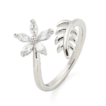 Brass Micro Pave Cubic Zirconia Cuff Rings, Flower & Leaf Open Rings for Women, Long-Lasting Plated, Platinum, Adjustable