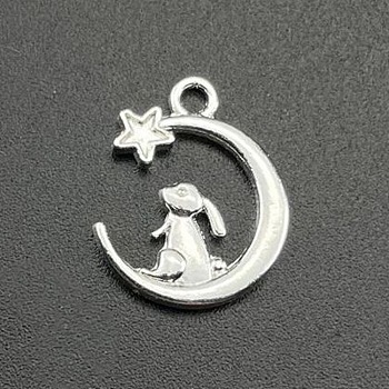 Alloy Pendants, Rabbit & Moon & Star Charm, Silver, 16x14mm, Hole: 2mm