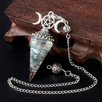 Natural Aquamarine Chip & Resin Orgonite Dowsing Pendulum Big Pendants, with Platinum Plated Metal Triple Moon Pentagram, Hexagonal Cone Charm Charm, 300mm