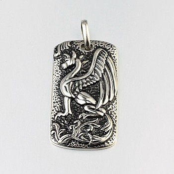 Rectangle with Dragon 304 Stainless Steel Pendants, Antique Silver, 48x26x6mm, Hole: 10x3.5mm