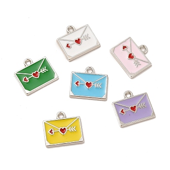 Alloy Enamel Pendants, Envelope with Heart Charms, Mixed Color, Platinum, 14x15.5x1.5mm, Hole: 1.6mm