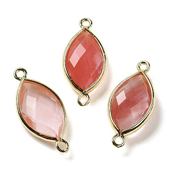 Cherry Quartz Glass Faceted Connector Charms, Rack Plating Brass Horse Eye Links, Golden, 25x11.5x5.5mm, Hole: 1.6mm
