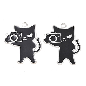 Alloy Enamel Pendants, Cat Shape with Camera Charms, Platinum, Black, 41.5x35~35.5x1.3mm, Hole: 1.3mm