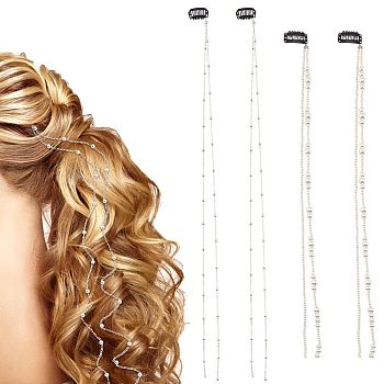 Nbeads 4Pcs 2 Style Iron Snap Hair Clips, with ABS Plastic Pearls and Chains, Hair Accessories for Woman Girl, Mixed Color, 435~500mm, 2pcs/style