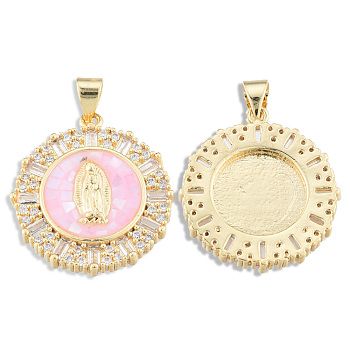 Brass Micro Pave Clear Cubic Zirconia Pendants, with Enamel and Shell, Real 18K Gold Plated, Nickel Free, Flat Round with Virgin Mary, Pink, 23.5x21x4mm, Hole: 3x4mm