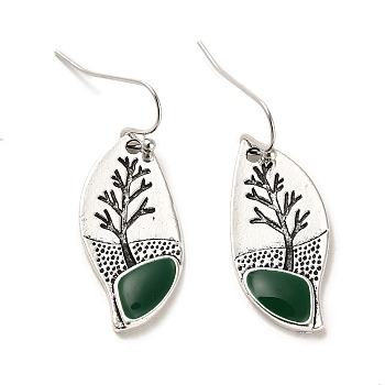 Leaf with Tree Enamel Dangle Earrings, Zinc Alloy Long Drop Earrings for Women, Antique Silver, 35x14mm