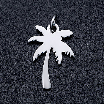304 Stainless Steel Pendants, Stamping Blank Charms, with Unsoldered Jump Rings, Coconut Tree/Coconut Palm, Stainless Steel Color, 17.5x12x1mm, Hole: 3.5mm, Jump Ring: 5x0.8mm