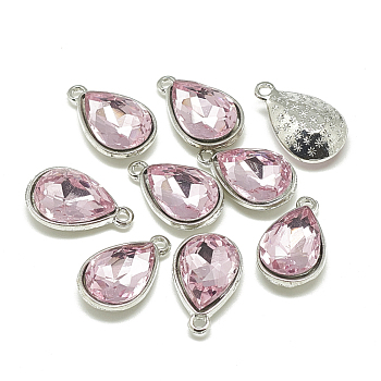 Alloy Glass Pendants, Faceted, teardrop, Platinum, Pearl Pink, 19x12x6mm, Hole: 1.5mm