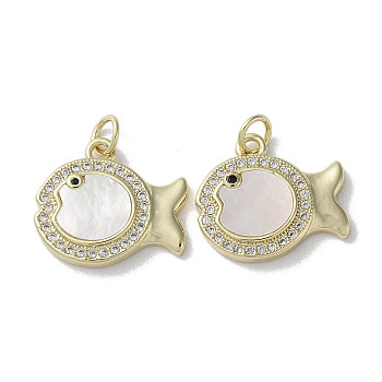 Brass Micro Pave Cubic Zirconia Pendants, with Shell, Real 18K Gold Plated, Fish, 16x17.5x3mm, Hole: 3mm