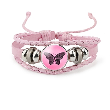 Imitation Leather Multi-strand Bracelets for Women, October Breast Cancer Pink Awareness Ribbon Iron Glass Adjustable Bracelet, Butterfly, 4-3/8 inch(11cm)