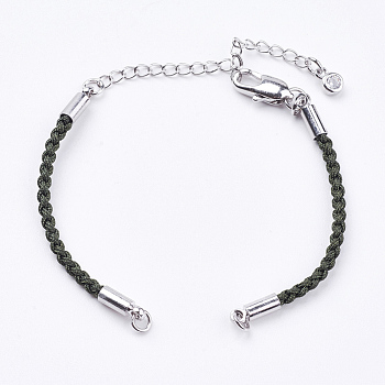 Braided Cotton Cord Bracelet Making, with Brass Lobster Claw Clasps and Extender Chains, with Rhinestone, Platinum, Dark Olive Green, 5-3/8 inch~5-1/2 inch(13.5~14cm), 3mm, Hole: 2mm