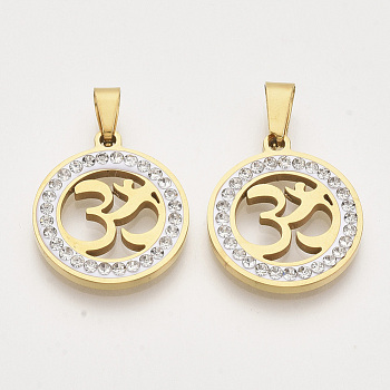 201 Stainless Steel Pendants, with Random Size Snap On Bails and Polymer Clay Crystal Rhinestones, Flat Round with Yoga/Aum/Om Symbol, Golden, 23x20x2~3mm, Hole: 7~10x3~5mm