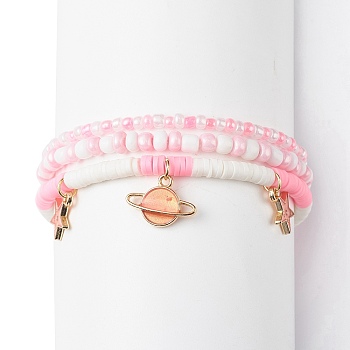 3Pcs 3 Styel Glass Seed & Polymer Clay Beaded Stretch Bracelets Set, Alloy Enamel Planet & Star Charms Stackable Bracelets for Women, Pink, Inner Diameter: 2-1/8~2-1/4 inch(5.4~5.7cm), 1Pc/style