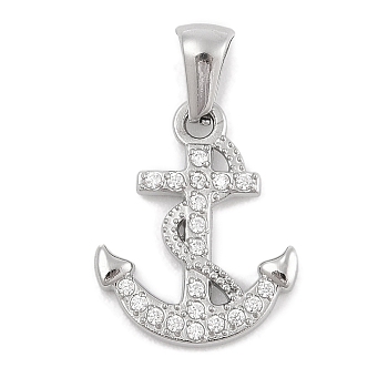 304 Stainless Steel Micro Pave Cubic Zirconia Pendants, Anchor Charm, Stainless Steel Color, 19x15x2mm, Hole: 3x6mm