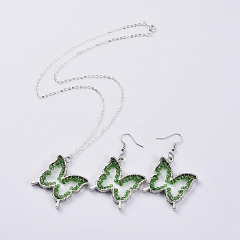 Glass Dangle Earring & Pendant Necklace Jewelry Sets, with Silver Plated Brass Cable Chain, Rack Plating Alloy Open Back Bezel Pendants and Brass Earring Hooks, Butterfly, Green, 17.99 inch(45.7cm), 55mm, Pin: 0.6mm