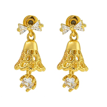 Brass Clear Cubic Zirconia Dangle Stud Earrings for Women, Christmas Bell & Bowknot, Golden, 22x10mm