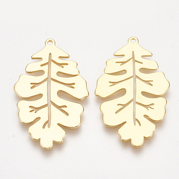 Brass Pendants, Leaf, Nickel Free, Real 18K Gold Plated, 32x19x1mm, Hole: 1.2mm