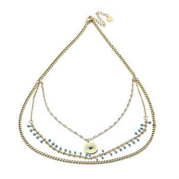 Ion Plating(IP) 304 Stainless Steel Curb & Dapped Chains Layered Necklaces, Synthetic Turquoise Flat Round & Enamel Charms Necklace, Golden, 15.55 inch(39.5cm)