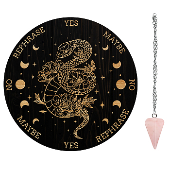 AHADEMAKER Divination Sets, including 1Pc PVC Plastic Pendulum Board, 1Pc 304 Stainless Steel Cable Chain Necklaces, 1Pc Natural Rose Quartz Stone Pendants, Snake Pattern, Board: 200x4mm