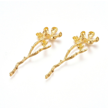 Electroplated Alloy Rhinestone Settings, Branch with Flower, Real 18K Gold Plated, Fit For 1mm Rhinestone, 60x20x10mm