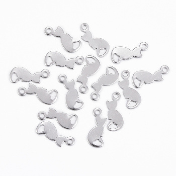 304 Stainless Steel Kitten Charms, Cat Silhouette Shape, Stainless Steel Color, 13x5.5x0.5mm, Hole: 1.2mm