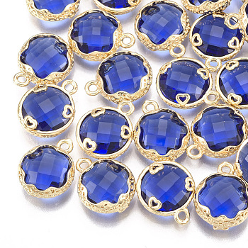 Glass Charms, with Brass Findings, Faceted, Flat Round with Heart, Golden, Blue, 14x11.5x4.5mm, Hole: 1.5mm