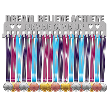 Fashion Iron Medal Hanger Holder Display Wall Rack, 20 Hooks, with Screws, Word Dream Believe Achieve Never Give Up, Heart Pattern, 83x400mm