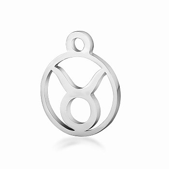 201 Stainless Steel Charms, Flat Round with Constellation, Stainless Steel Color, Taurus, 13.4x10.8x1mm, Hole: 1.5mm
