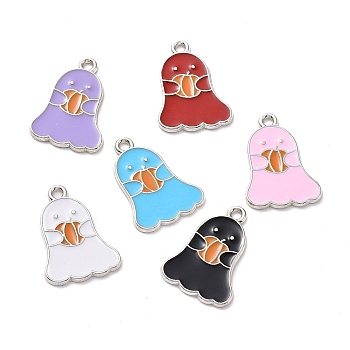 Halloween Theme Alloy Enamel Pendants, Ghost with Pumpkin, Mixed Color, Platinum, 22x15x1mm, Hole: 1.6mm