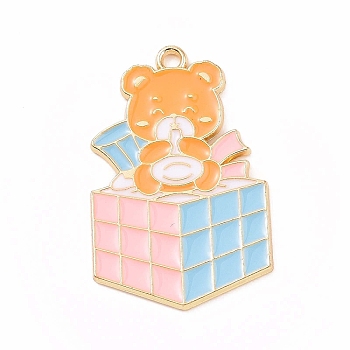 Alloy Enamel Pendants, Magic Cube with Bear Charm, Pink, 33x21x1.5mm, Hole: 2mm