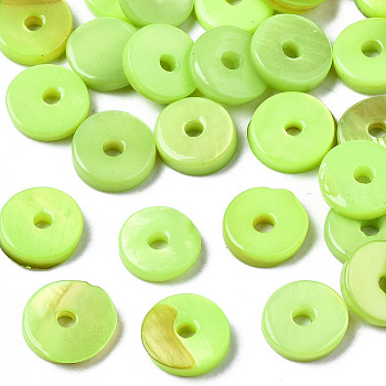 Spray Painted Natural Freshwater Shell Beads, Disc/Flat Round, Heishi Beads, Green Yellow, 7x1.5~2mm, Hole: 1.5mm