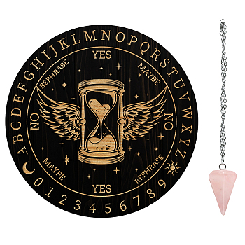 AHADEMAKER 1Pc Cone/Spike/Pendulum Natural Rose Quartz Stone Pendants, 1Pc 304 Stainless Steel Cable Chain Necklaces, 1Pc PVC Custom Pendulum Board, Dowsing Divination Board, Sand Glass Pattern, Board: 200x4mm
