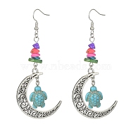 Dyed Synthetic Turquoise Crescent Moon with Tortoise Dangle Earring, Antique Silver Alloy Long Drop Earrings, Turquoise, 84x35mm(EJEW-JE05269-02)