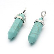 Synthetic Turquoise Bullet Double Terminated Pointed Pendants, with Platinum Plated Alloy Findings, 38~41x13x10mm, Hole: 5x3mm(G-F171-16)