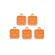 Alloy Enamel Charms, Cadmium Free & Lead Free, Light Gold, Square with Smile, Orange, 13x10x1.5mm, Hole: 1.6mm(ENAM-T016-13I-RS)