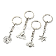 Tibetan Style Alloy Pendant Keychains, with Iron Split Key Rings, Star of David/Triangle/Flat Round with Eye, Antique Silver & Platinum, 8.3~9cm(KEYC-JKC00507)