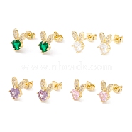 Brass Micro Pave Cubic Zirconia Stud Earring, Real 18K Gold Plated, Rabbit, Mixed Color, 10x6.5mm, Pin: 1mm(EJEW-C021-06G)