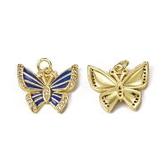 Brass Micro Pave Cubic Zirconia Pendants, with Jump Ring, Enamel Style, Butterfly Charm, Golden, Marine Blue, 15x18x2mm, Hole: 3mm(KK-E068-VB320-2)