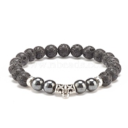 Natural Lava Rock & Synthetic Hematite Stretch Bracelet with Alloy Tube Beaded, Essential Oil Gemstone Jewelry for Women, Inner Diameter: 2 inch(5.1cm)(BJEW-JB08319-02)