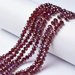 Electroplate Transparent Glass Beads Strands, Half Rainbow Plated, Faceted, Rondelle, Dark Red, 6x5mm, Hole: 1mm, about 85~88pcs/strand, 16.1~16.5 inch(41~42cm)(EGLA-A034-T6mm-F16)