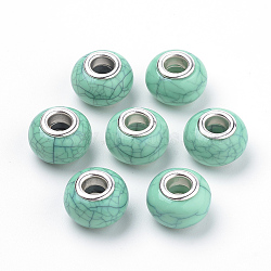 Imitation Turquoise Style Acrylic European Beads, Large Hole Beads, with Silver Color Plated Brass Double Cores, Rondelle, Medium Aquamarine, 14x9.5mm, Hole: 5mm(X-OPDL-Q132-03)