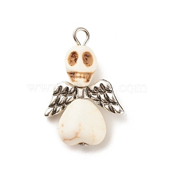 Halloween Dyed Synthetic Turquoise Pendants, with CCB Plastic Wings and Platinum Tone Iron Loops, Skull Angel, White, 29x20x9mm, Hole: 2.5mm(PALLOY-JF01598-03)