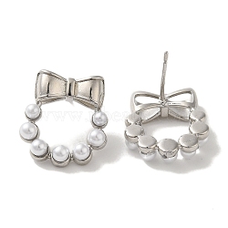 Rack Plating Brass Studs Earrings, with Plastic Beads, Long-Lasting Plated, Lead Free & Cadmium Free, Bowknot, Platinum, 17x4.5mm(EJEW-R162-37P)