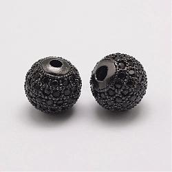 Brass Micro Pave Cubic Zirconia Beads, Round, Gunmetal, 10x9.5mm, Hole: 2mm(ZIRC-E110-06B)